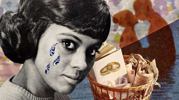 A collage of a woman crying (the tears are stylised in printed blue), a bin with a book of wedding rings and and image of a couple kissing behind her.