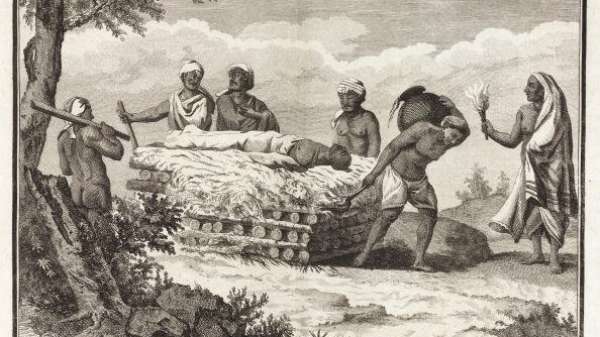 INDIA - JUNE 10: Engraving by Poisson after a painting by Pierre Sonnerat (1748-1814) showing followers of the Hindu deity Vishnu preparing to cremate a body. Illustration from Sonnerat�s �Voyage aux Indes Orientales et a la Chine, fait par ordre du roi, depuis 1774 jusqu'en 1781
