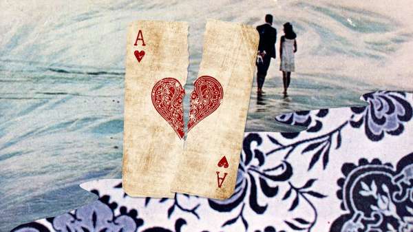 A collage of a couple walking near a beach, a playing card with ace of hearts is torn behind them.