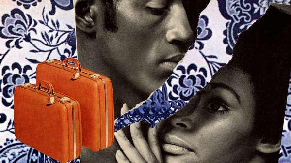 Collage of a retro black and white photo of a couple, a split between them. Two orange suitcases next to them.