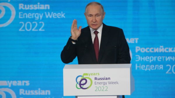 Russian President Vladimir Putin gives a speech during the plenary session of the Russian Energy Week 2022 on 12 October in Moscow, Russia.