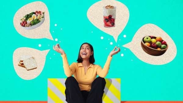 Woman sits down with healthy food in thought bubbles around her