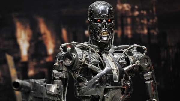 A full-scale figure of a terminator robot